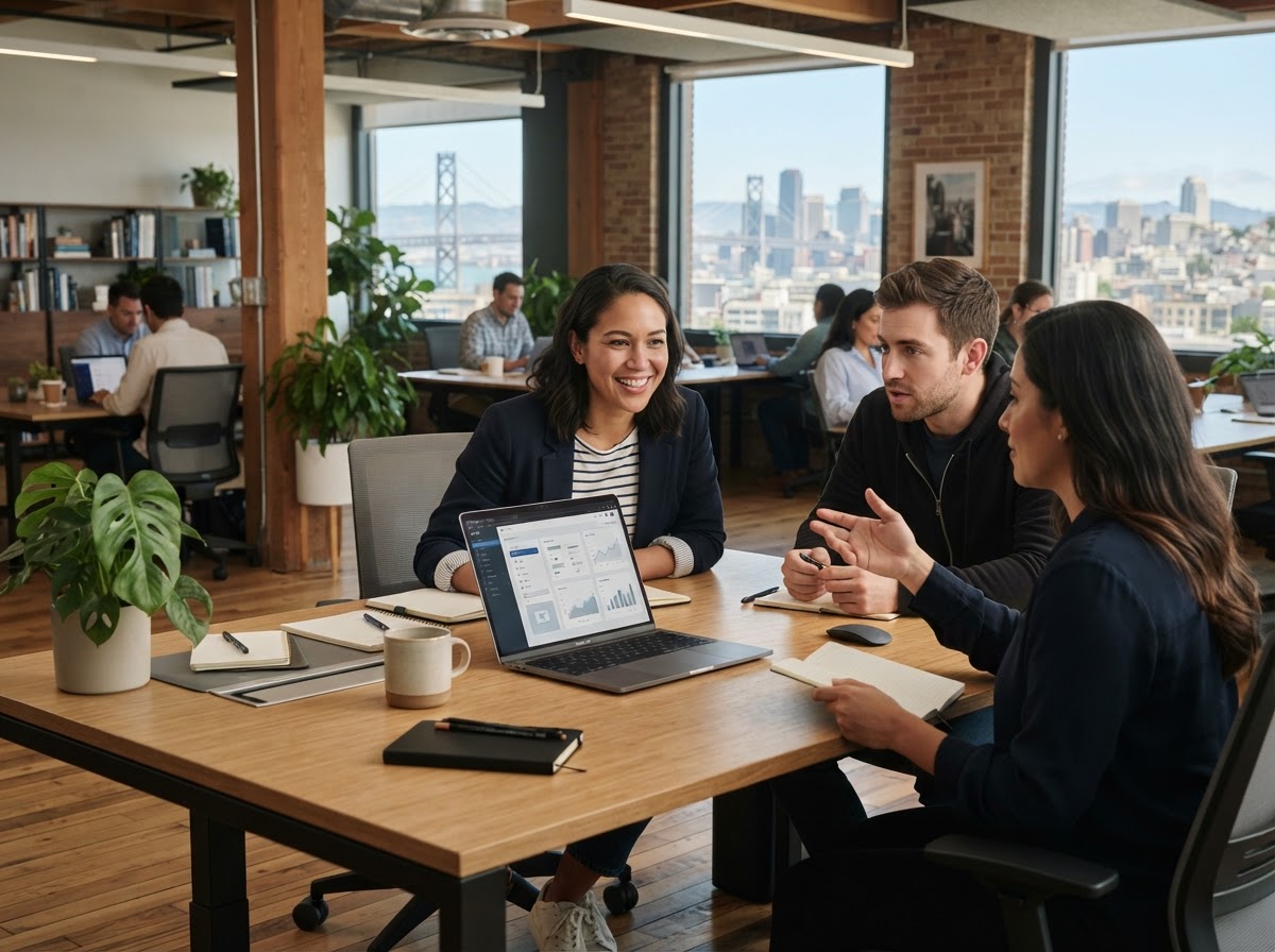 FundThrough analyst reviewing portfolio data on a laptop while working remotely